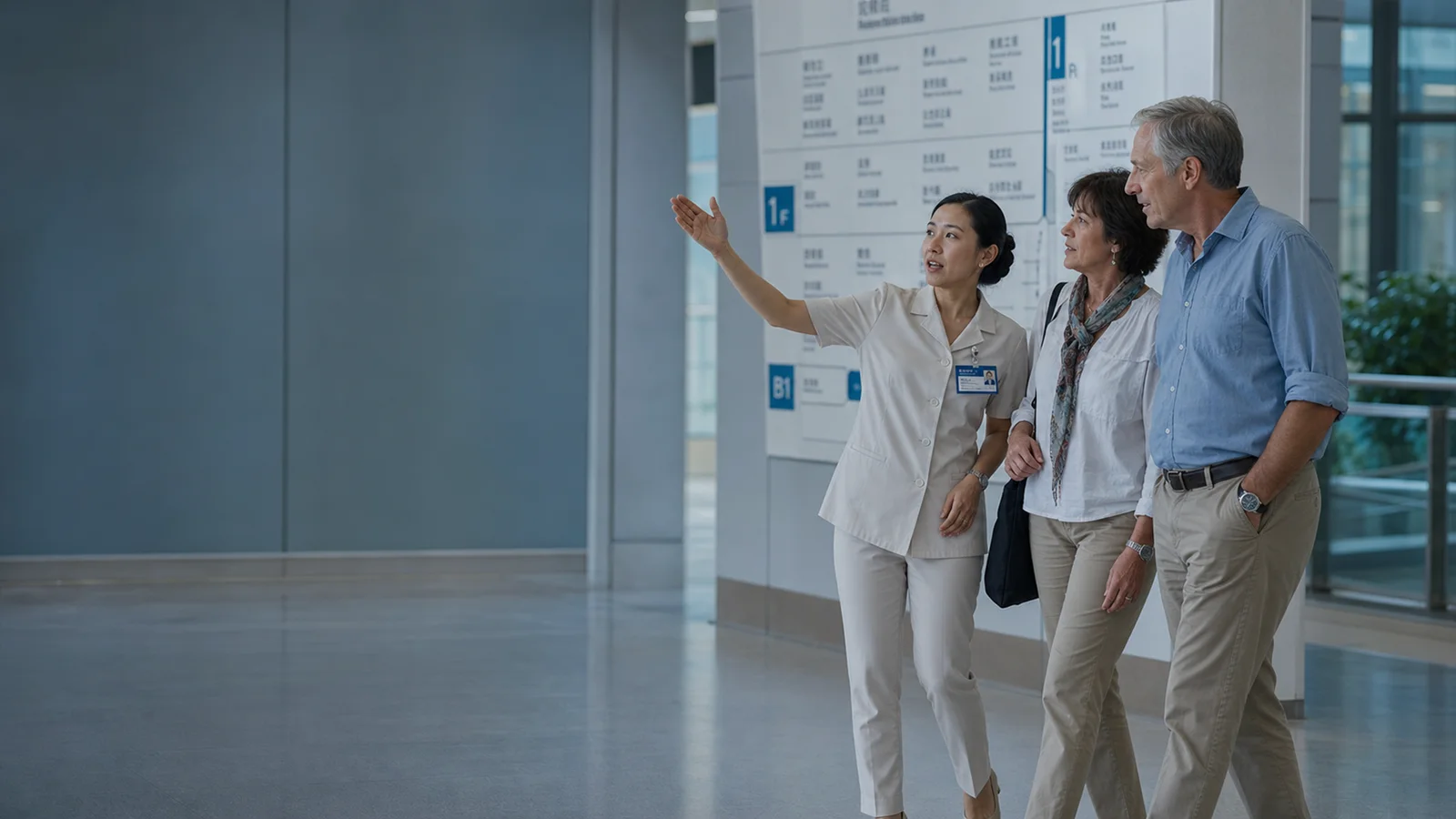 Clinicians talking with patients in a hospital corridor